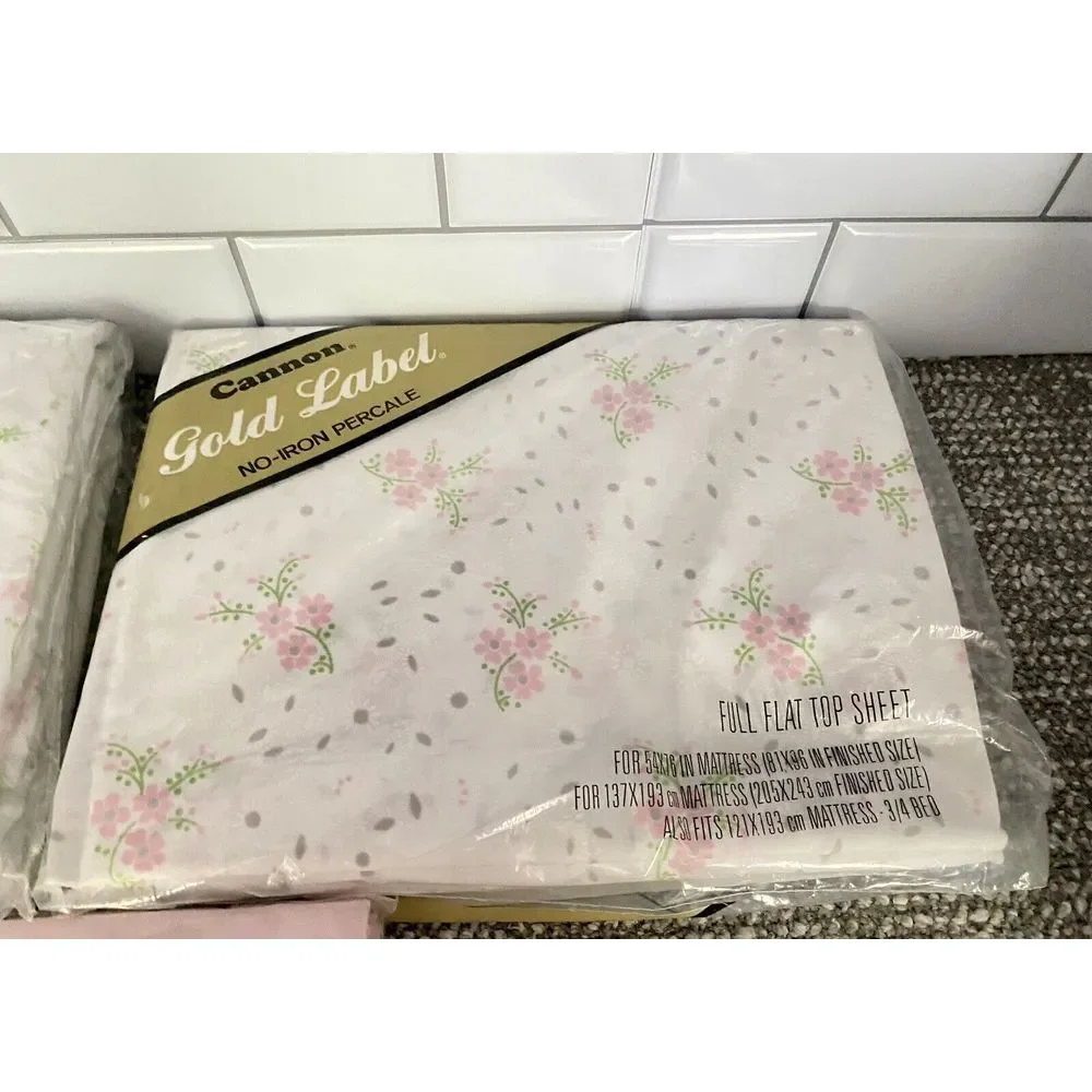 Cannon VTG Sheet Set Gold Label Non Iron Percale Full Size W Pillowcases Pink H1